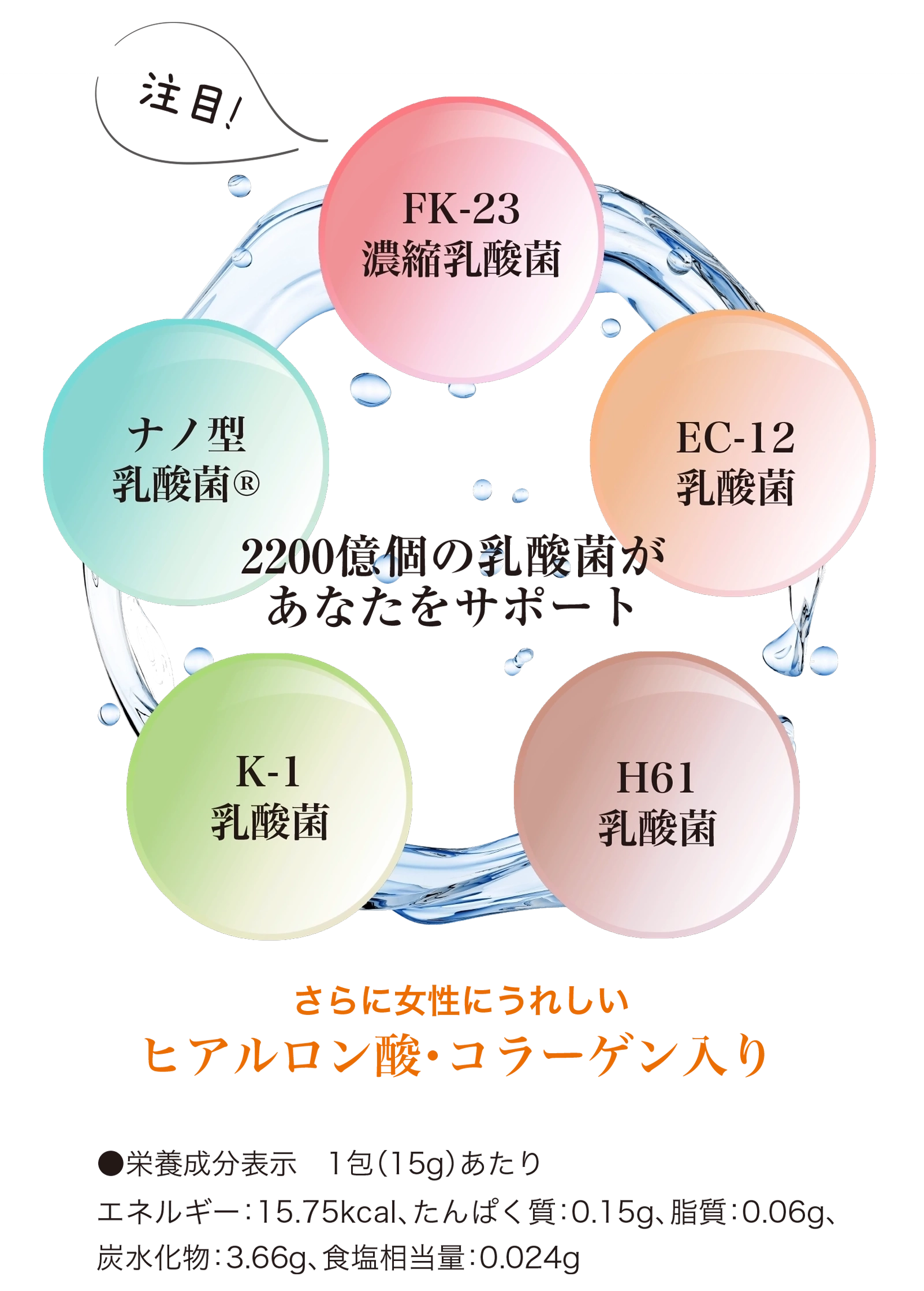 注目！　FK-23濃縮乳酸菌 EC-12乳酸菌 H61乳酸菌 K-1乳酸菌 ナノ型乳酸菌® 2200億個の乳酸菌があなたをサポート さらに女性にうれしいヒアルロン酸・コラーゲン入り ●栄養成分表示　1包（15g）あたりエネルギー：15.75kcal、たんぱく質：0.15g、脂質：0.06g、炭水化物：3.66g、食塩相当量：0.024g